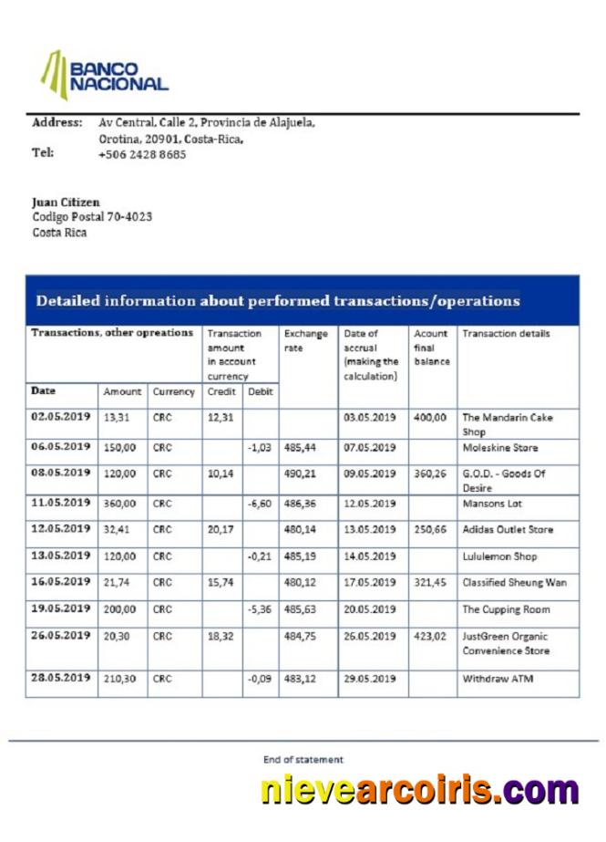 Costa Rica Banco Nacional de Costa Rica bank statement